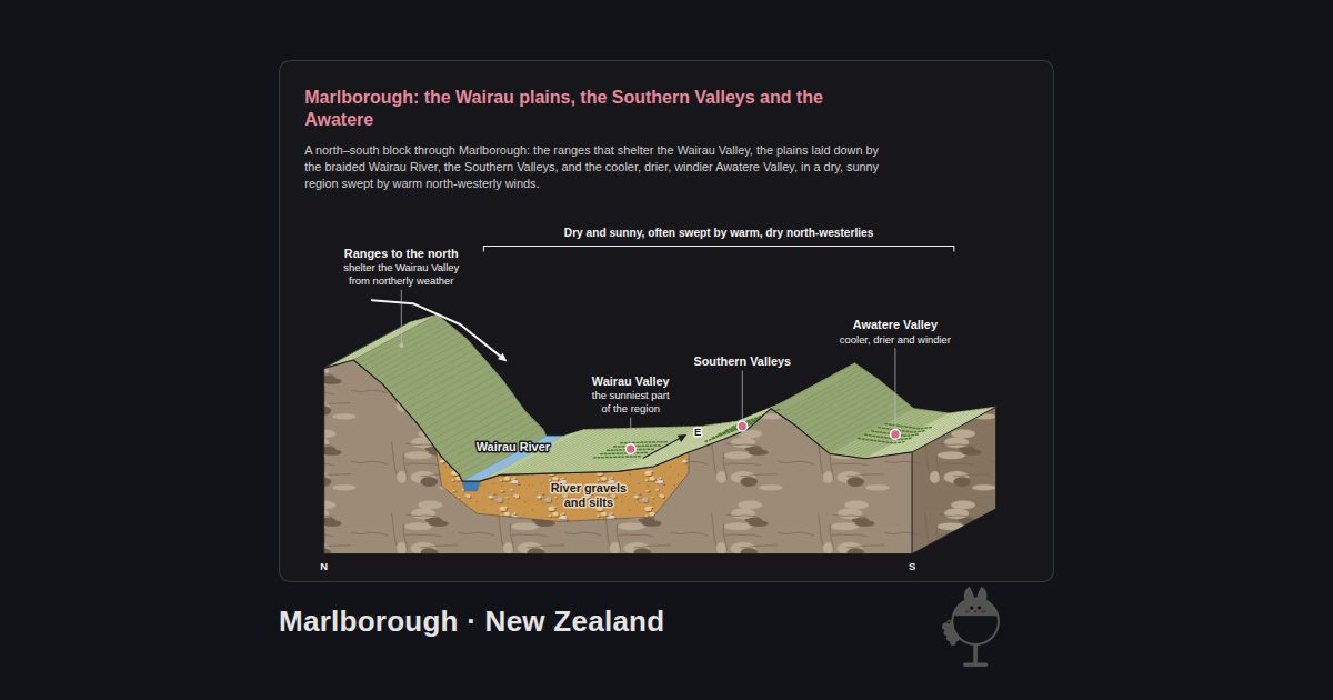Marlborough, New Zealand. Marlborough: the Wairau plains, the Southern Valleys and the Awatere: Ranges to the north, Wairau River, Wairau Valley, Southern Valleys, Awatere Valley, River gravels and silts, Dry and sunny, often swept by warm, dry north-westerlies