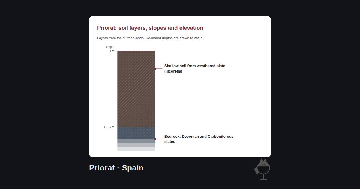 Priorat, Spain. Priorat: soil layers, slopes and elevation: Shallow soil from weathered slate (llicorella) (0–0.15 m); Bedrock: Devonian and Carboniferous slates (0.15 m+)