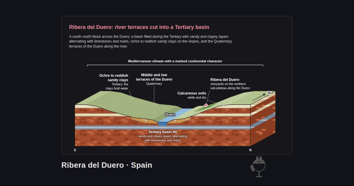 Ribera del Duero, Spain. Ribera del Duero: river terraces cut into a Tertiary basin: Duero, Ribera del Duero, Calcareous soils, Middle and low terraces of the Duero, Ochre to reddish sandy clays, Tertiary basin fill, Mediterranean climate with a marked continental character