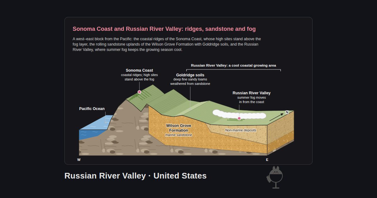Russian River Valley, United States. Sonoma Coast and Russian River Valley: ridges, sandstone and fog: Pacific Ocean, Sonoma Coast, Goldridge soils, Russian River Valley, Wilson Grove Formation, Non-marine deposits, Russian River Valley: a cool coastal growing area
