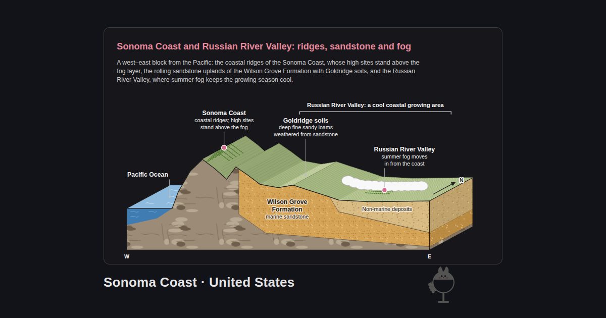 Sonoma Coast, United States. Sonoma Coast and Russian River Valley: ridges, sandstone and fog: Pacific Ocean, Sonoma Coast, Goldridge soils, Russian River Valley, Wilson Grove Formation, Non-marine deposits, Russian River Valley: a cool coastal growing area