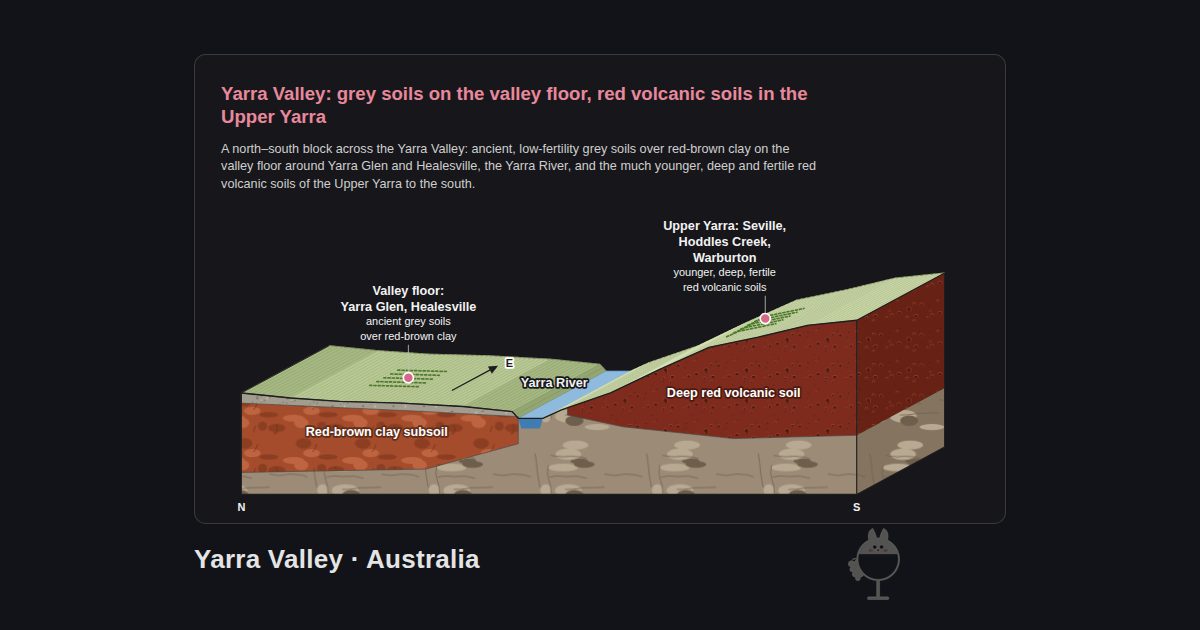 Yarra Valley, Australia. Yarra Valley: grey soils on the valley floor, red volcanic soils in the Upper Yarra: Valley floor: Yarra Glen, Healesville, Yarra River, Upper Yarra: Seville, Hoddles Creek, Warburton, Deep red volcanic soil, Red-brown clay subsoil