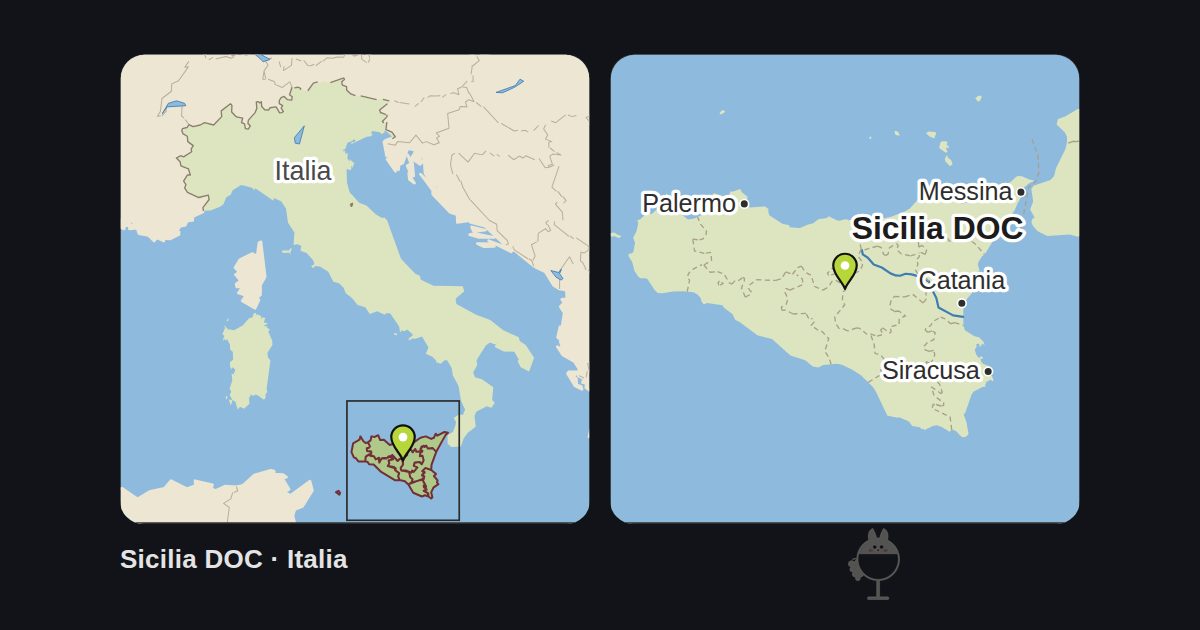 Italia: mapa con la ubicación de Sicilia DOC y un mapa de sus alrededores