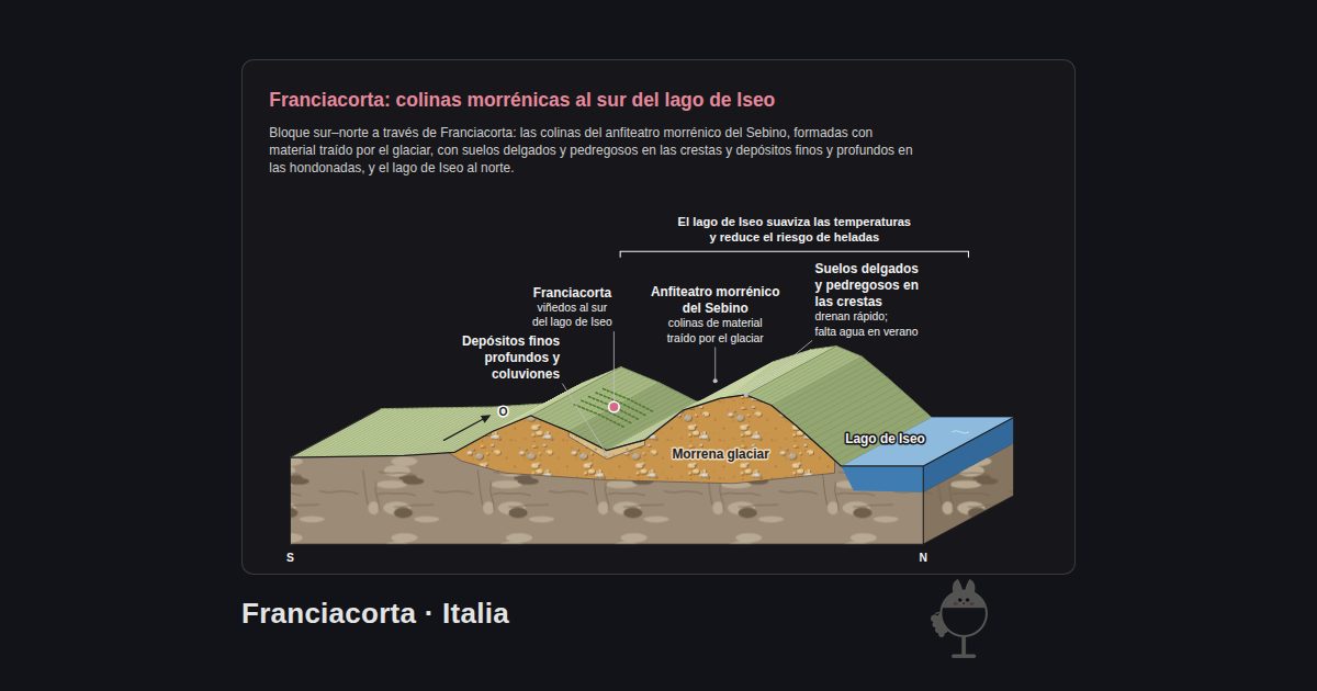 Franciacorta, Italia. Franciacorta: colinas morrénicas al sur del lago de Iseo: Depósitos finos profundos y coluviones, Lago de Iseo, Anfiteatro morrénico del Sebino, Suelos delgados y pedregosos en las crestas, Franciacorta, Morrena glaciar, El lago de Iseo suaviza las temperaturas y reduce el riesgo de heladas