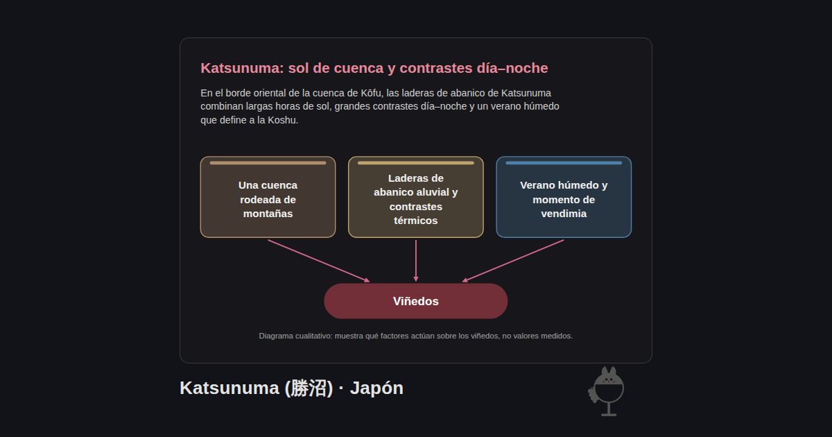 Katsunuma (勝沼), Japón. Katsunuma: sol de cuenca y contrastes día–noche: Una cuenca rodeada de montañas, Laderas de abanico aluvial y contrastes térmicos, Verano húmedo y momento de vendimia → Viñedos