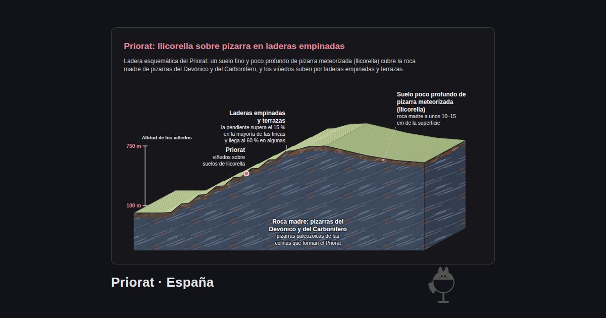 Priorat, España. Priorat: llicorella sobre pizarra en laderas empinadas: Roca madre: pizarras del Devónico y del Carbonífero, Priorat, Laderas empinadas y terrazas, Suelo poco profundo de pizarra meteorizada (llicorella)