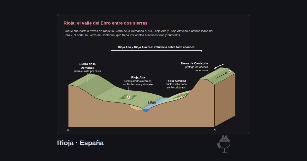 Rioja, España. Rioja: el valle del Ebro entre dos sierras: Ebro, Sierra de la Demanda, Rioja Alta, Rioja Alavesa, Sierra de Cantabria, Rioja Alta y Rioja Alavesa: influencia sobre todo atlántica
