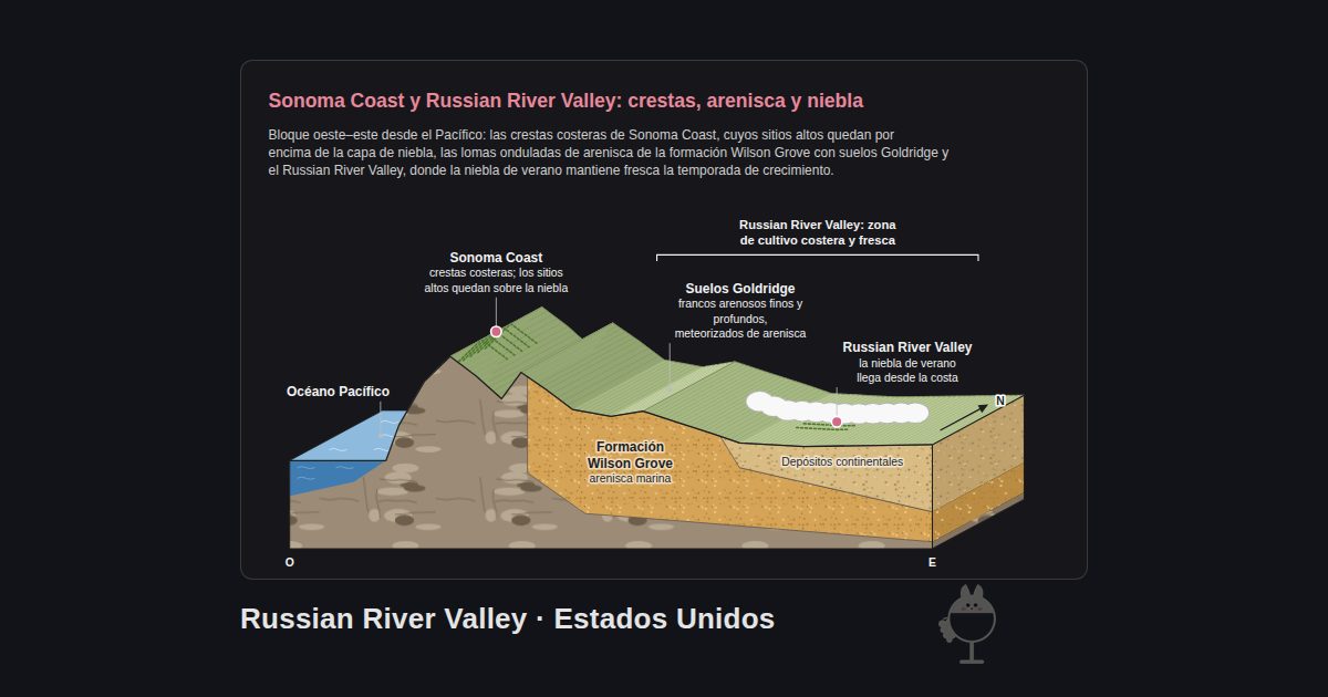 Russian River Valley, Estados Unidos. Sonoma Coast y Russian River Valley: crestas, arenisca y niebla: Océano Pacífico, Sonoma Coast, Suelos Goldridge, Russian River Valley, Formación Wilson Grove, Depósitos continentales, Russian River Valley: zona de cultivo costera y fresca