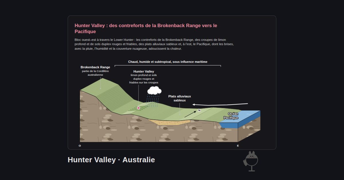 Hunter Valley, Australie. Hunter Valley : des contreforts de la Brokenback Range vers le Pacifique: Brokenback Range, Hunter Valley, Plats alluviaux sableux, Océan Pacifique, Chaud, humide et subtropical, sous influence maritime