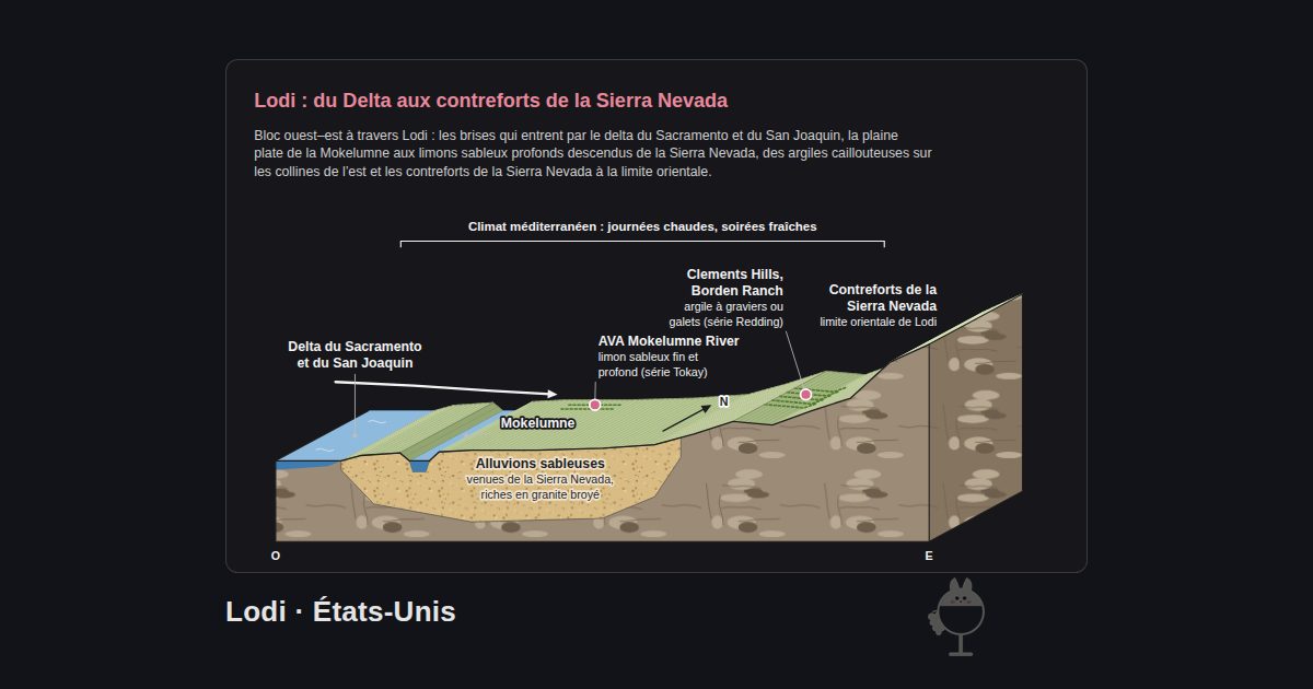 Lodi, États-Unis. Lodi : du Delta aux contreforts de la Sierra Nevada: Delta du Sacramento et du San Joaquin, Mokelumne, AVA Mokelumne River, Contreforts de la Sierra Nevada, Clements Hills, Borden Ranch, Alluvions sableuses, Climat méditerranéen : journées chaudes, soirées fraîches