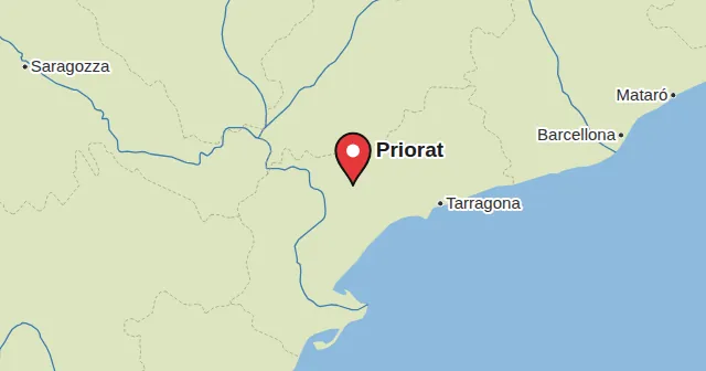 Priorat e dintorni: mappa con un segnaposto. Colore del segnaposto: Vino rosso
