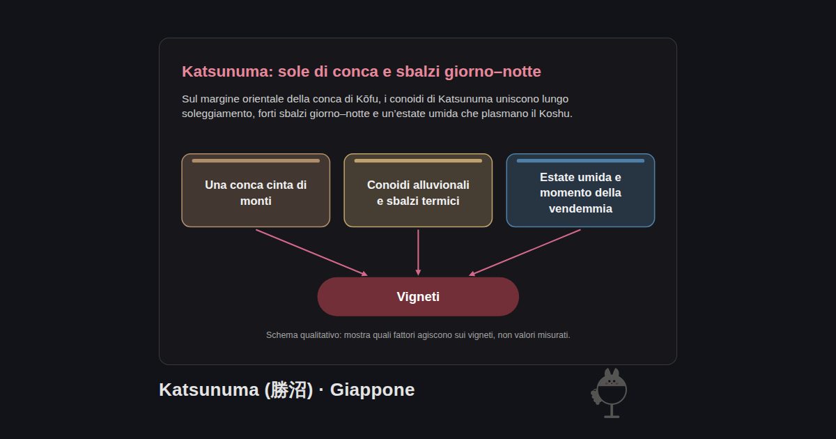 Katsunuma (勝沼), Giappone. Katsunuma: sole di conca e sbalzi giorno–notte: Una conca cinta di monti, Conoidi alluvionali e sbalzi termici, Estate umida e momento della vendemmia → Vigneti