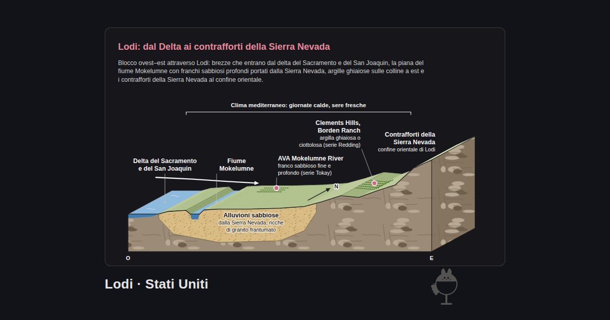 Lodi, Stati Uniti. Lodi: dal Delta ai contrafforti della Sierra Nevada: Delta del Sacramento e del San Joaquin, Fiume Mokelumne, AVA Mokelumne River, Contrafforti della Sierra Nevada, Clements Hills, Borden Ranch, Alluvioni sabbiose, Clima mediterraneo: giornate calde, sere fresche