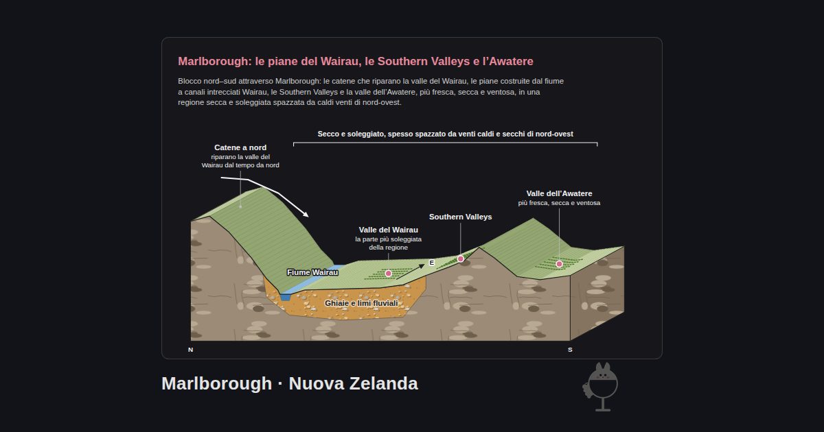 Marlborough, Nuova Zelanda. Marlborough: le piane del Wairau, le Southern Valleys e l’Awatere: Catene a nord, Fiume Wairau, Valle del Wairau, Southern Valleys, Valle dell’Awatere, Ghiaie e limi fluviali, Secco e soleggiato, spesso spazzato da venti caldi e secchi di nord-ovest