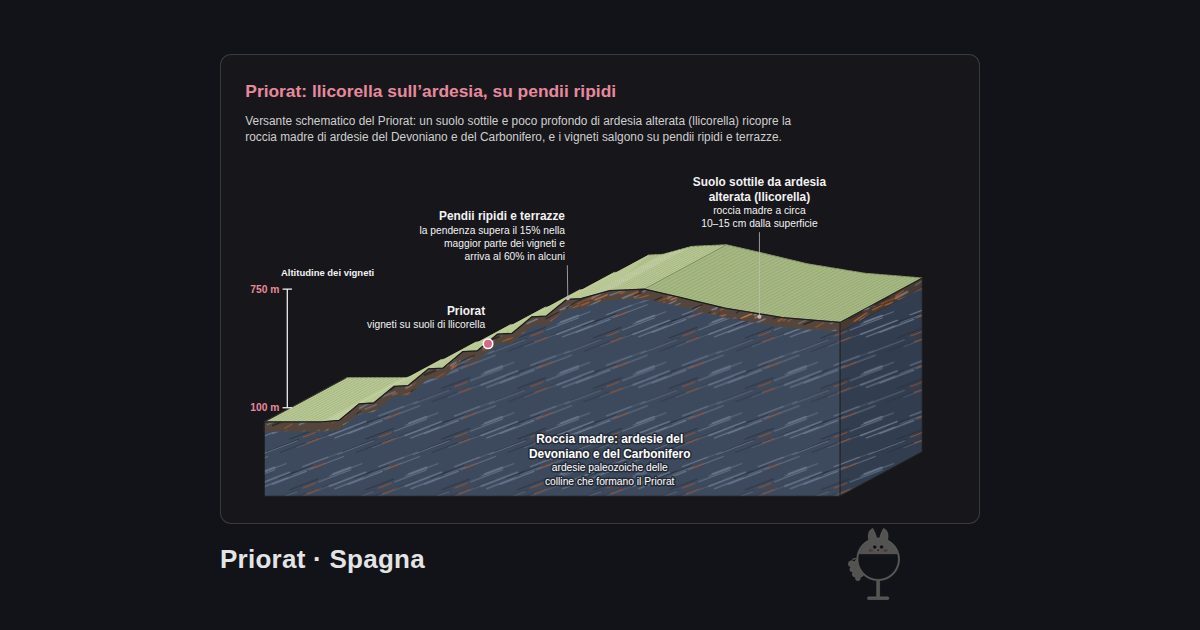 Priorat, Spagna. Priorat: llicorella sull’ardesia, su pendii ripidi: Roccia madre: ardesie del Devoniano e del Carbonifero, Priorat, Pendii ripidi e terrazze, Suolo sottile da ardesia alterata (llicorella)