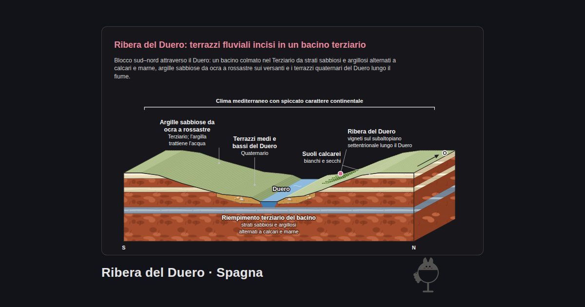 Ribera del Duero, Spagna. Ribera del Duero: terrazzi fluviali incisi in un bacino terziario: Duero, Ribera del Duero, Suoli calcarei, Terrazzi medi e bassi del Duero, Argille sabbiose da ocra a rossastre, Riempimento terziario del bacino, Clima mediterraneo con spiccato carattere continentale