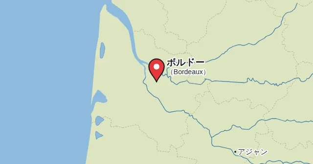 ボルドー（Bordeaux）とその周辺の地図。ピンがボルドーの位置を示す。ピンの色：赤ワイン