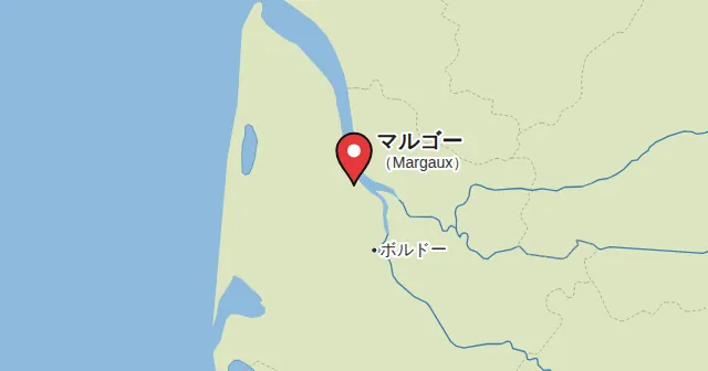 マルゴー（Margaux）とその周辺の地図。ピンがマルゴーの位置を示す。ピンの色：赤ワイン