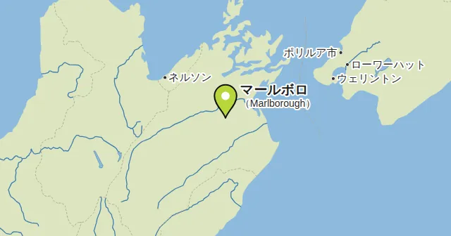 マールボロ（Marlborough）とその周辺の地図。ピンがマールボロの位置を示す。ピンの色：白ワイン