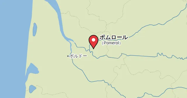 ポムロール（Pomerol）とその周辺の地図。ピンがポムロールの位置を示す。ピンの色：赤ワイン