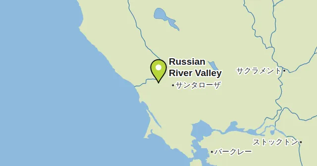 Russian River Valleyとその周辺の地図。ピンがRussian River Valleyの位置を示す。ピンの色：白ワイン