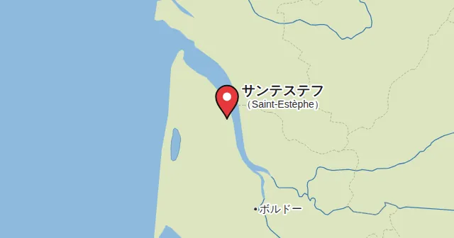 サンテステフ（Saint-Estèphe）とその周辺の地図。ピンがサンテステフの位置を示す。ピンの色：赤ワイン