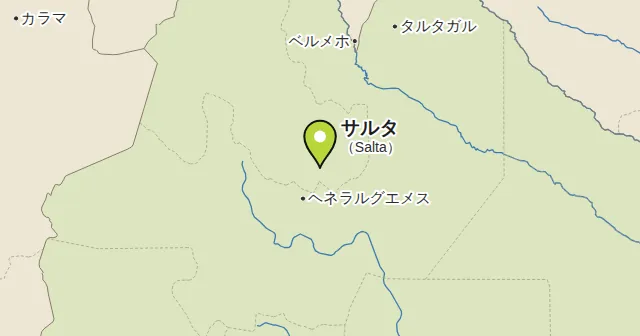 サルタ（Salta）とその周辺の地図。ピンがサルタの位置を示す。ピンの色：白ワイン