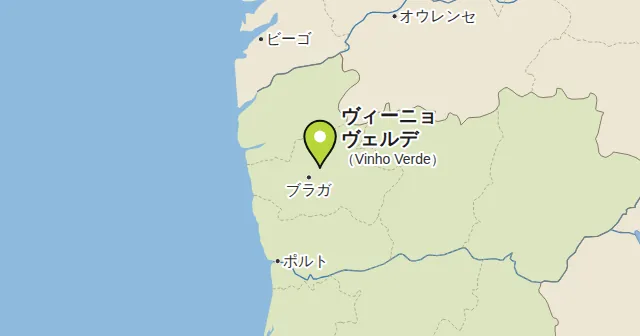 ヴィーニョ・ヴェルデ（Vinho Verde）とその周辺の地図。ピンがヴィーニョ・ヴェルデの位置を示す。ピンの色：白ワイン