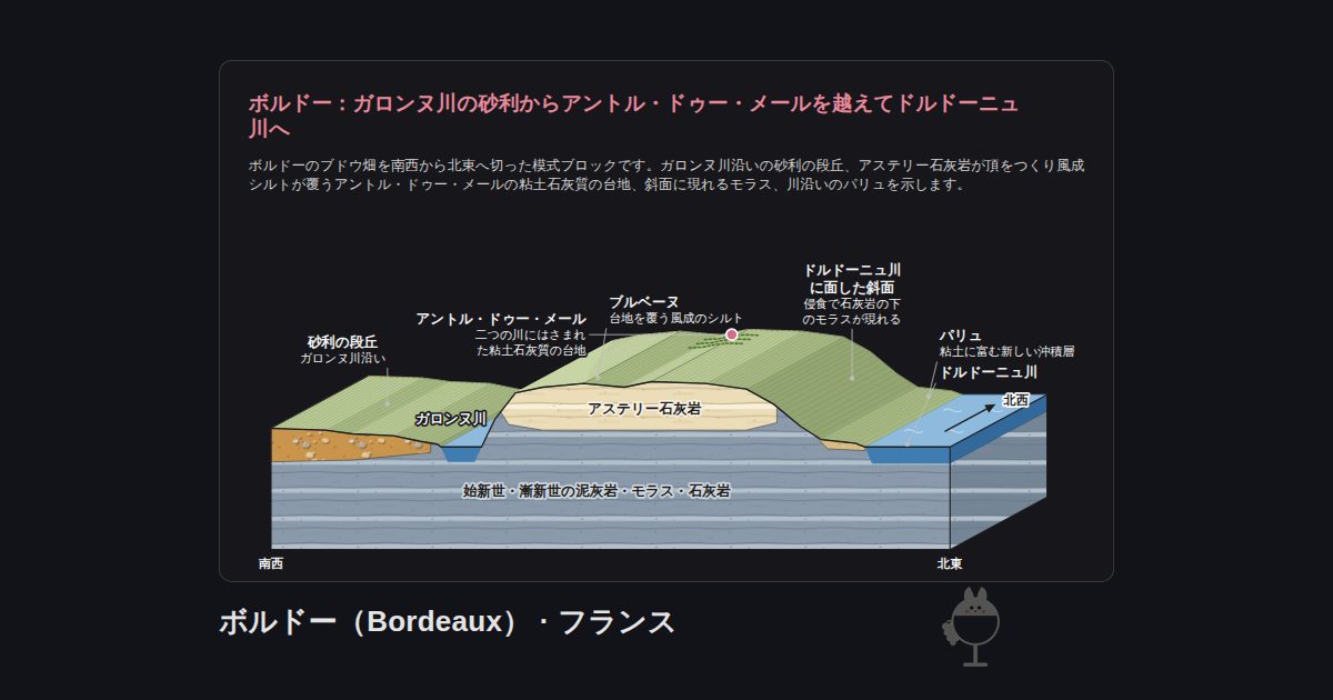 フランス・ボルドー（Bordeaux）の図。ボルドー：ガロンヌ川の砂利からアントル・ドゥー・メールを越えてドルドーニュ川へ：ドルドーニュ川、ブルベーヌ、ガロンヌ川、アントル・ドゥー・メール、パリュ、砂利の段丘、ドルドーニュ川に面した斜面、アステリー石灰岩、始新世・漸新世の泥灰岩・モラス・石灰岩