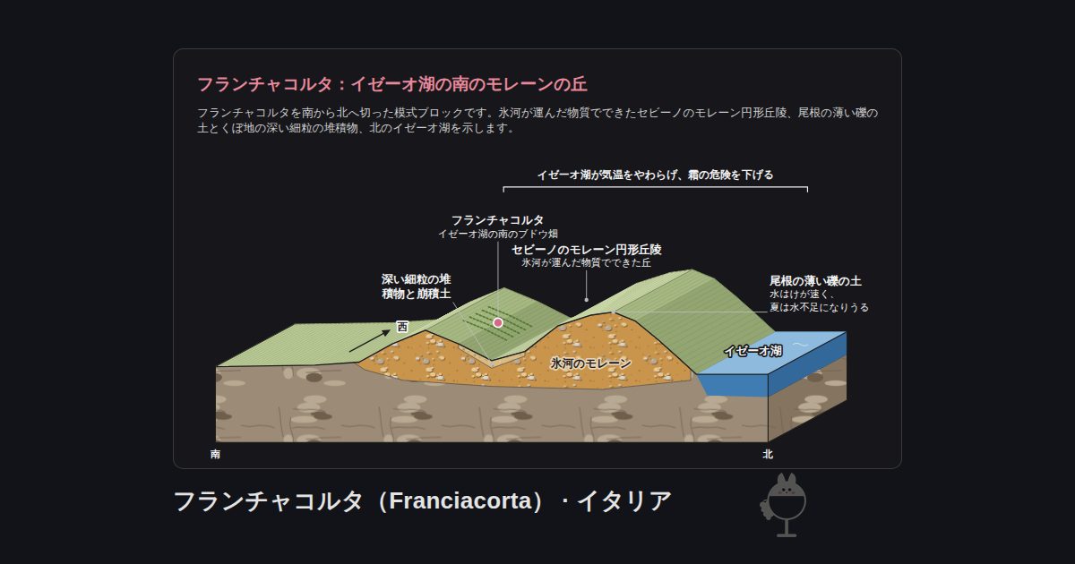 イタリア・フランチャコルタ（Franciacorta）の図。フランチャコルタ：イゼーオ湖の南のモレーンの丘：深い細粒の堆積物と崩積土、イゼーオ湖、セビーノのモレーン円形丘陵、尾根の薄い礫の土、フランチャコルタ、氷河のモレーン、イゼーオ湖が気温をやわらげ、霜の危険を下げる