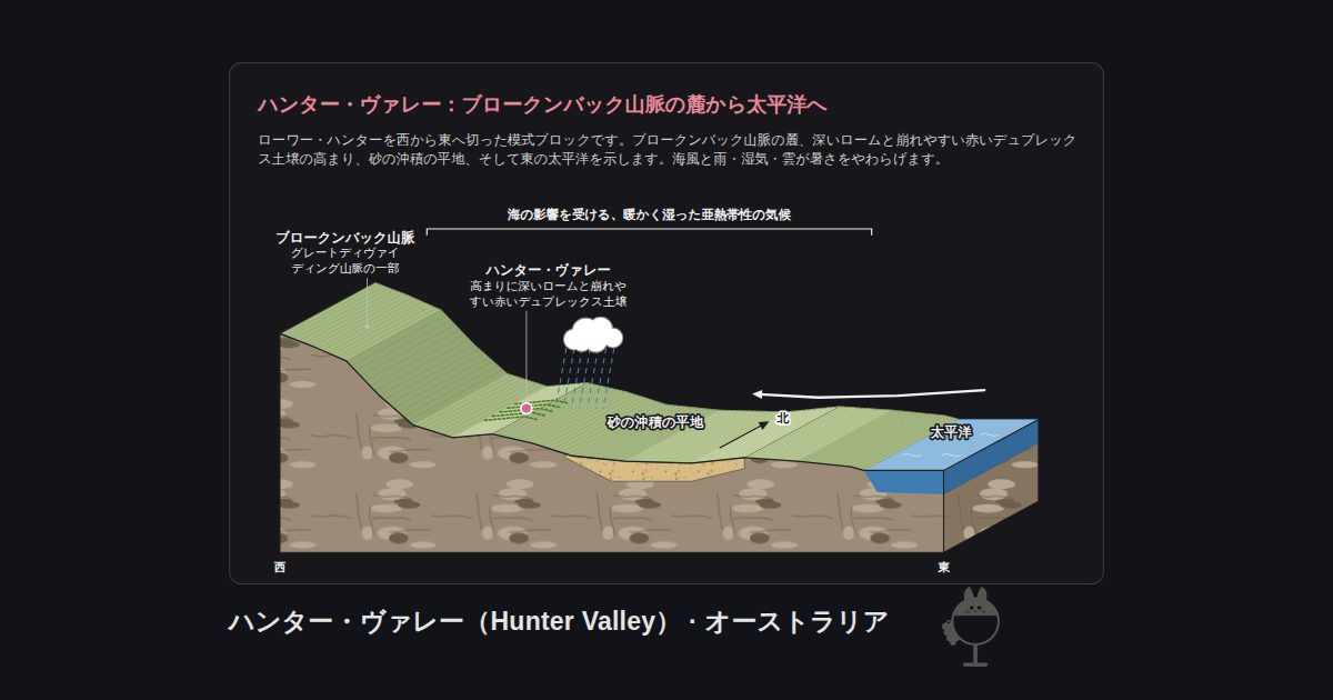 オーストラリア・ハンター・ヴァレー（Hunter Valley）の図。ハンター・ヴァレー：ブロークンバック山脈の麓から太平洋へ：ブロークンバック山脈、ハンター・ヴァレー、砂の沖積の平地、太平洋、海の影響を受ける、暖かく湿った亜熱帯性の気候