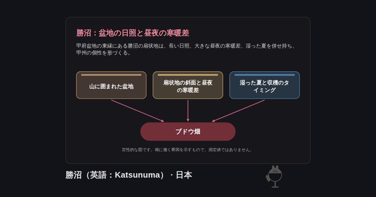 日本・勝沼（英語：Katsunuma）の図。勝沼：盆地の日照と昼夜の寒暖差：山に囲まれた盆地、扇状地の斜面と昼夜の寒暖差、湿った夏と収穫のタイミング → ブドウ畑