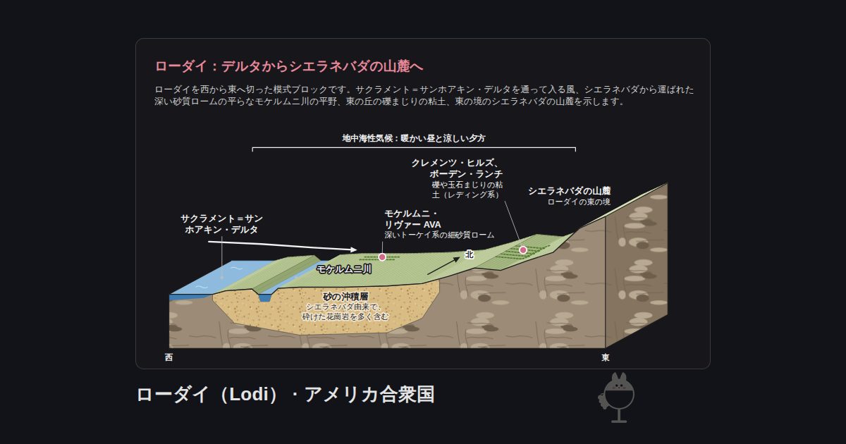 アメリカ合衆国・ローダイ（Lodi）の図。ローダイ：デルタからシエラネバダの山麓へ：サクラメント＝サンホアキン・デルタ、モケルムニ川、モケルムニ・リヴァー AVA、シエラネバダの山麓、クレメンツ・ヒルズ、ボーデン・ランチ、砂の沖積層、地中海性気候：暖かい昼と涼しい夕方