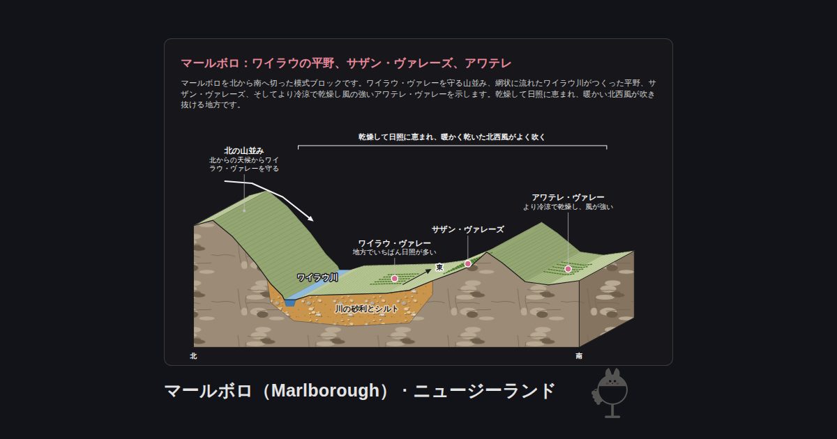 ニュージーランド・マールボロ(Marlborough)の図。マールボロ:ワイラウの平野、サザン・ヴァレーズ、アワテレ:北の山並み、ワイラウ川、ワイラウ・ヴァレー、サザン・ヴァレーズ、アワテレ・ヴァレー、川の砂利とシルト、乾燥して日照に恵まれ、暖かく乾いた北西風がよく吹く