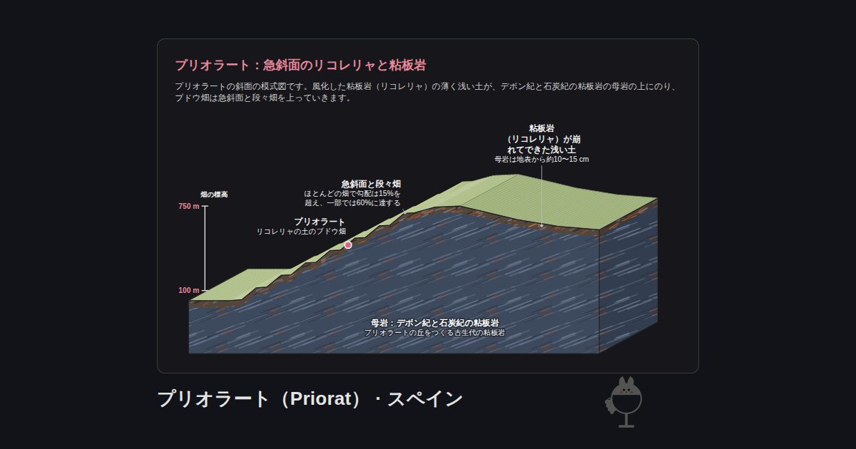 スペイン・プリオラート(Priorat)の図。プリオラート:急斜面のリコレリャと粘板岩:母岩:デボン紀と石炭紀の粘板岩、プリオラート、急斜面と段々畑、粘板岩(リコレリャ)が崩れてできた浅い土