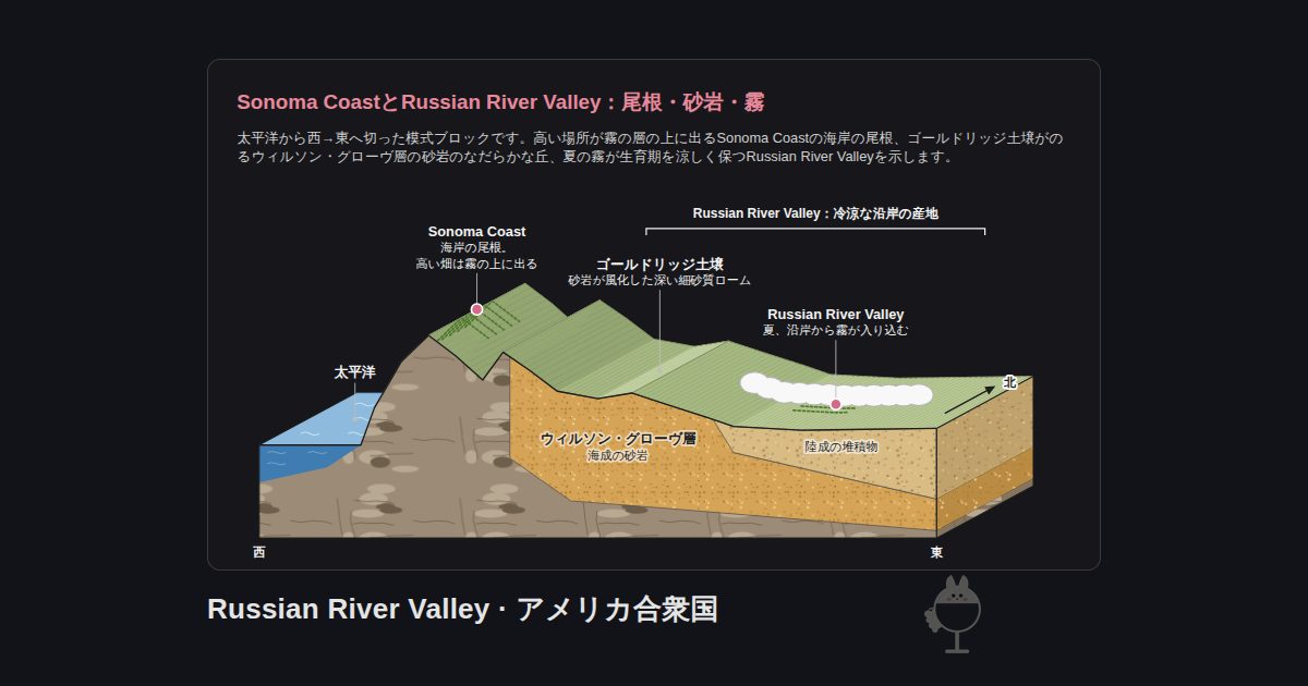 アメリカ合衆国・Russian River Valleyの図。Sonoma CoastとRussian River Valley：尾根・砂岩・霧：太平洋、Sonoma Coast、ゴールドリッジ土壌、Russian River Valley、ウィルソン・グローヴ層、陸成の堆積物、Russian River Valley：冷涼な沿岸の産地