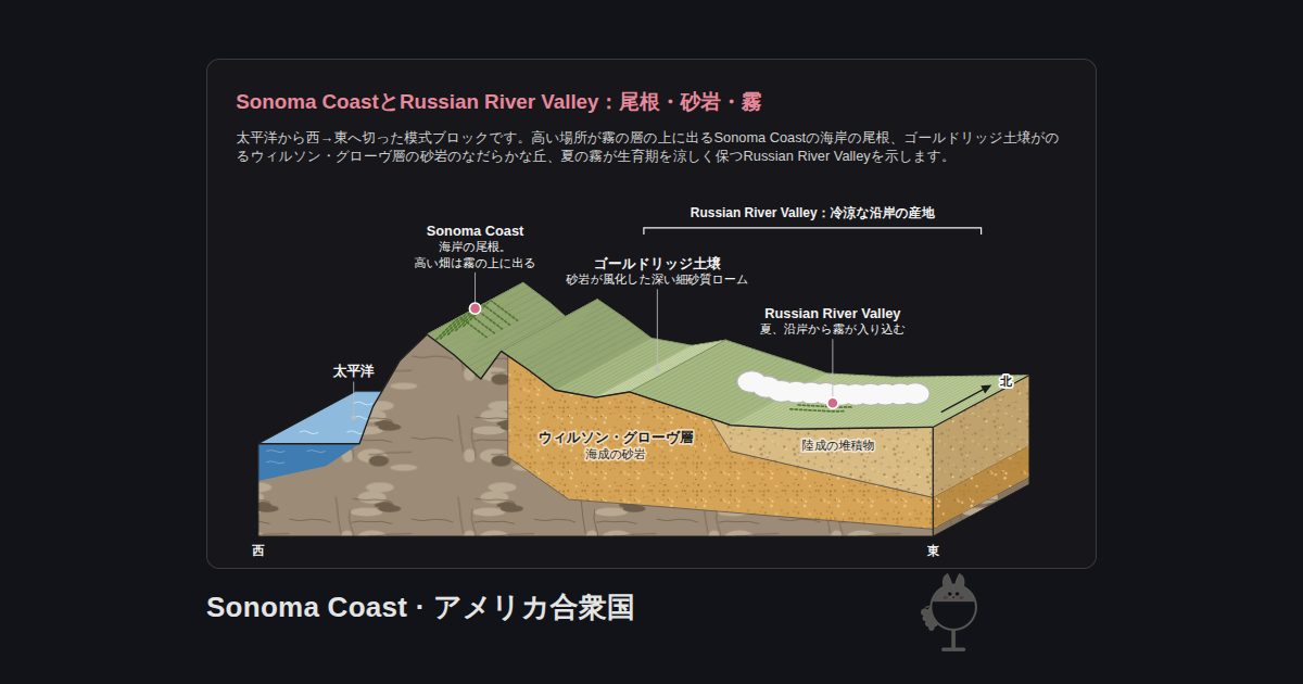 アメリカ合衆国・Sonoma Coastの図。Sonoma CoastとRussian River Valley：尾根・砂岩・霧：太平洋、Sonoma Coast、ゴールドリッジ土壌、Russian River Valley、ウィルソン・グローヴ層、陸成の堆積物、Russian River Valley：冷涼な沿岸の産地