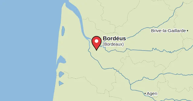 Bordéus (Bordeaux) e arredores: mapa com um marcador. Cor do marcador: Vinho tinto