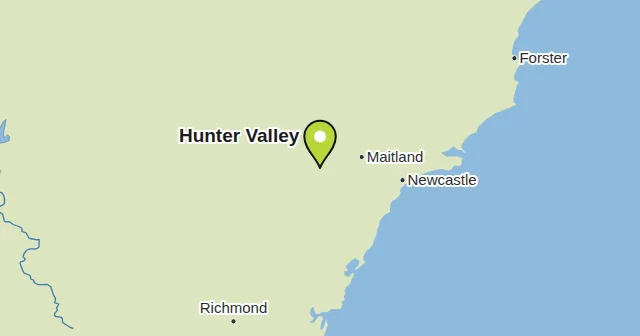 Hunter Valley e arredores: mapa com um marcador. Cor do marcador: Vinho branco