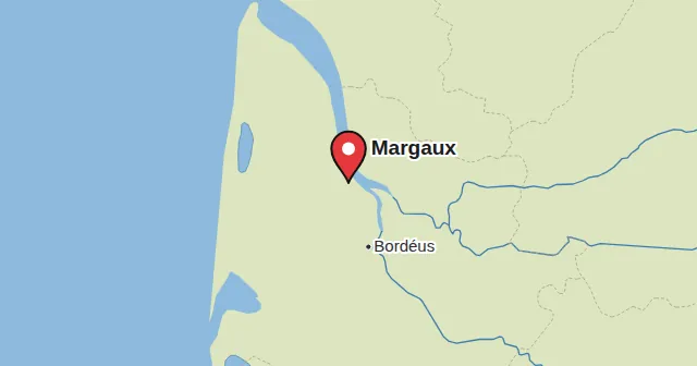 Margaux e arredores: mapa com um marcador. Cor do marcador: Vinho tinto