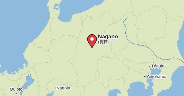 Nagano (長野) e arredores: mapa com um marcador. Cor do marcador: Vinho tinto