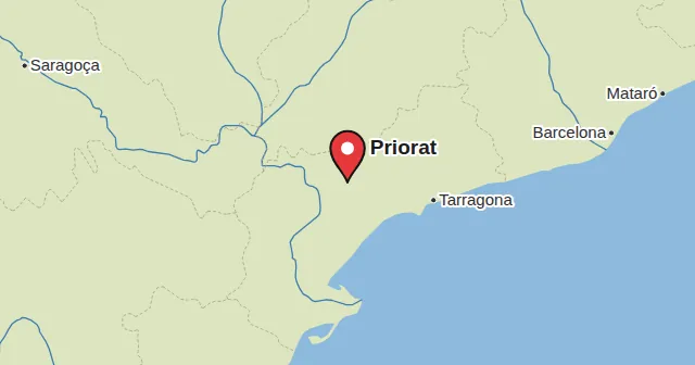 Priorat e arredores: mapa com um marcador. Cor do marcador: Vinho tinto