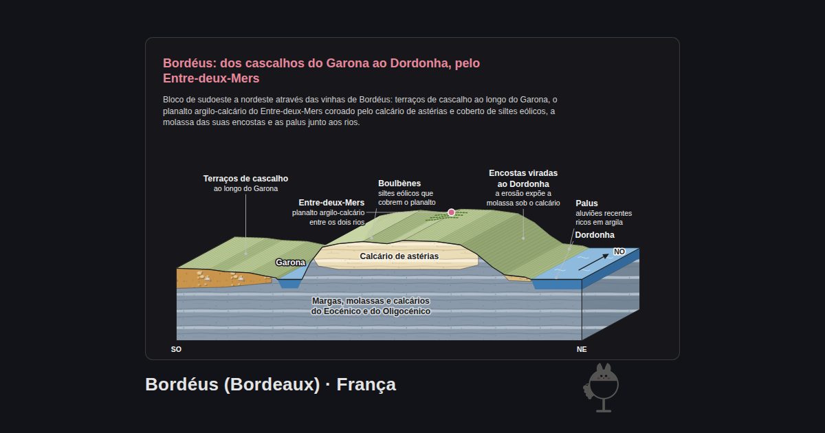 Bordéus (Bordeaux), França. Bordéus: dos cascalhos do Garona ao Dordonha, pelo Entre-deux-Mers: Dordonha, Boulbènes, Garona, Entre-deux-Mers, Palus, Terraços de cascalho, Encostas viradas ao Dordonha, Calcário de astérias, Margas, molassas e calcários do Eocénico e do Oligocénico