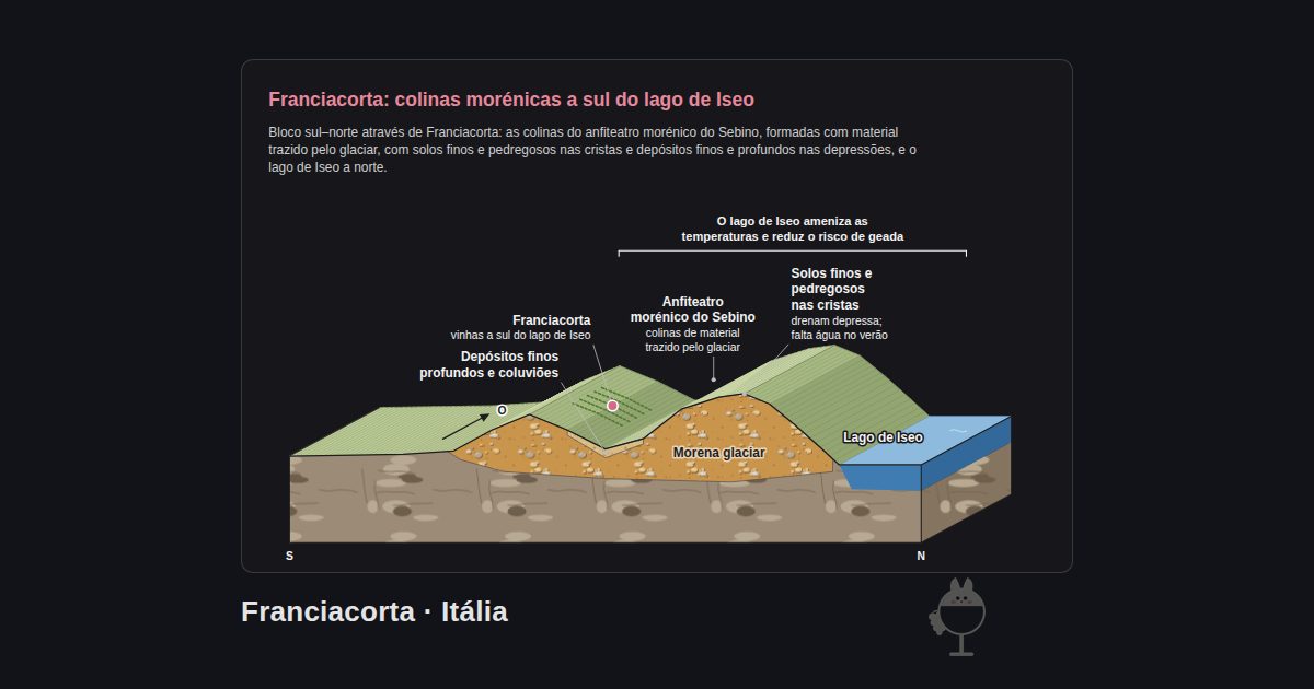 Franciacorta, Itália. Franciacorta: colinas morénicas a sul do lago de Iseo: Depósitos finos profundos e coluviões, Lago de Iseo, Anfiteatro morénico do Sebino, Solos finos e pedregosos nas cristas, Franciacorta, Morena glaciar, O lago de Iseo ameniza as temperaturas e reduz o risco de geada