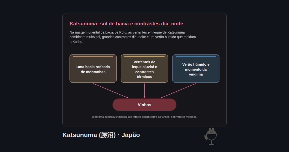 Katsunuma (勝沼), Japão. Katsunuma: sol de bacia e contrastes dia–noite: Uma bacia rodeada de montanhas, Vertentes de leque aluvial e contrastes térmicos, Verão húmido e momento da vindima → Vinhas
