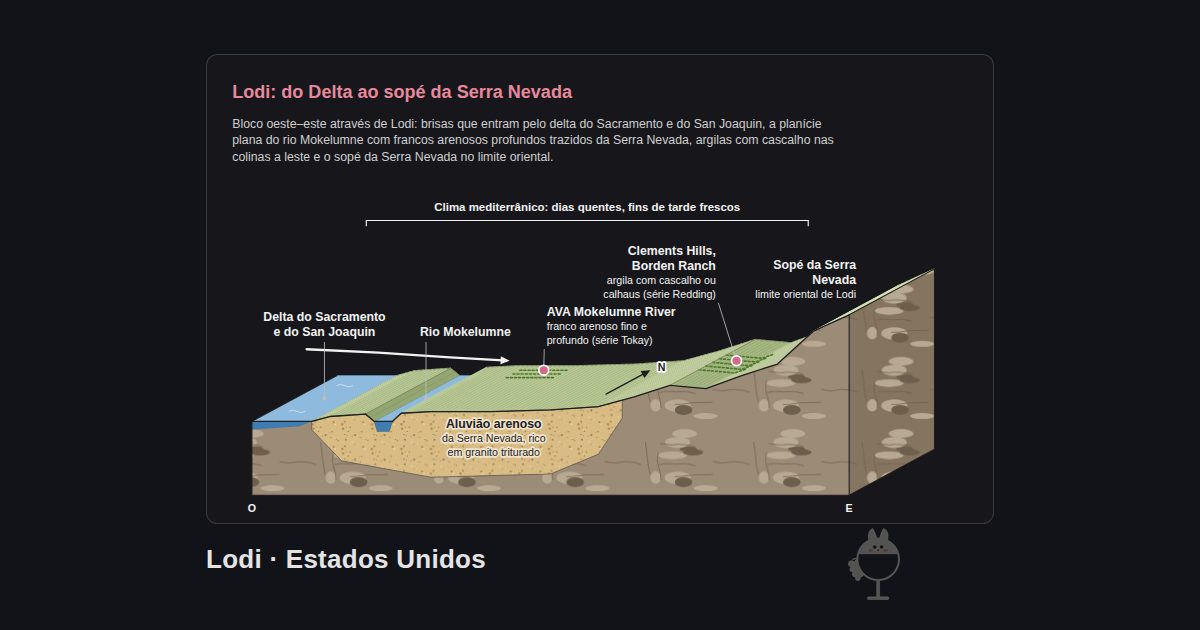 Lodi, Estados Unidos. Lodi: do Delta ao sopé da Serra Nevada: Delta do Sacramento e do San Joaquin, Rio Mokelumne, AVA Mokelumne River, Sopé da Serra Nevada, Clements Hills, Borden Ranch, Aluvião arenoso, Clima mediterrânico: dias quentes, fins de tarde frescos