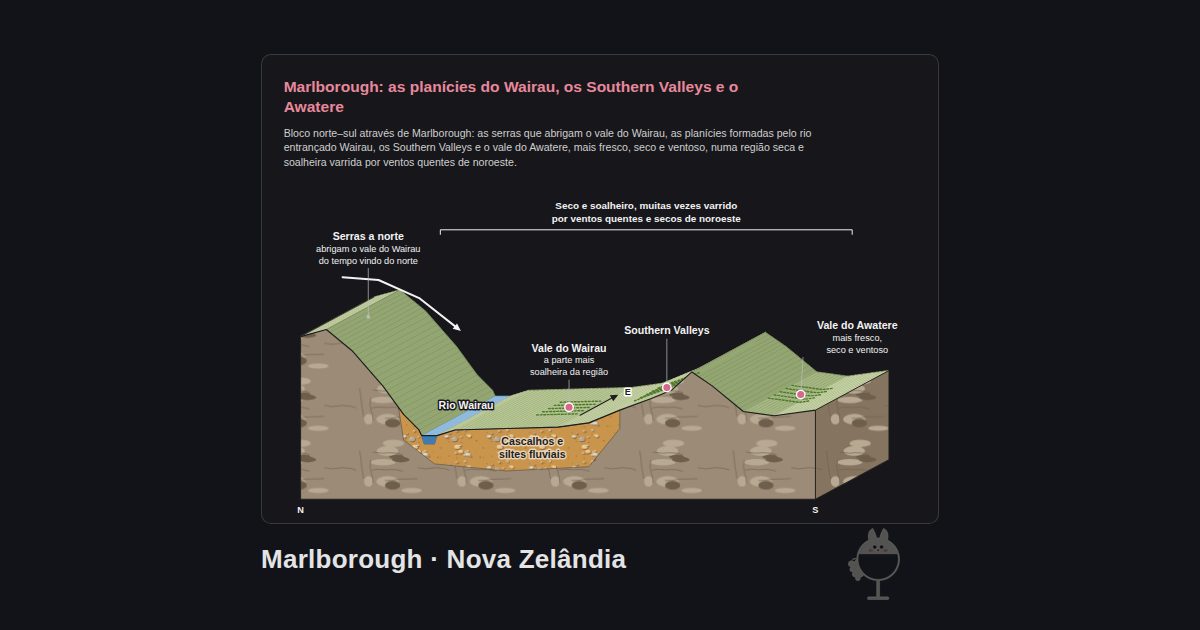 Marlborough, Nova Zelândia. Marlborough: as planícies do Wairau, os Southern Valleys e o Awatere: Serras a norte, Rio Wairau, Vale do Wairau, Southern Valleys, Vale do Awatere, Cascalhos e siltes fluviais, Seco e soalheiro, muitas vezes varrido por ventos quentes e secos de noroeste
