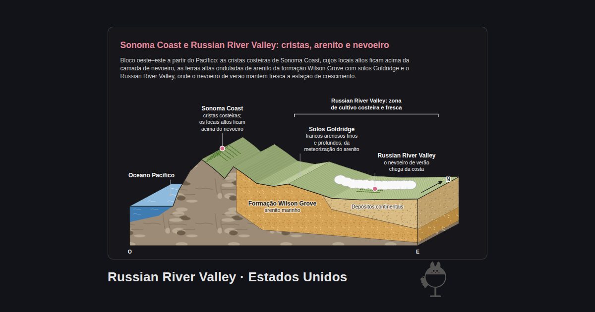 Russian River Valley, Estados Unidos. Sonoma Coast e Russian River Valley: cristas, arenito e nevoeiro: Oceano Pacífico, Sonoma Coast, Solos Goldridge, Russian River Valley, Formação Wilson Grove, Depósitos continentais, Russian River Valley: zona de cultivo costeira e fresca