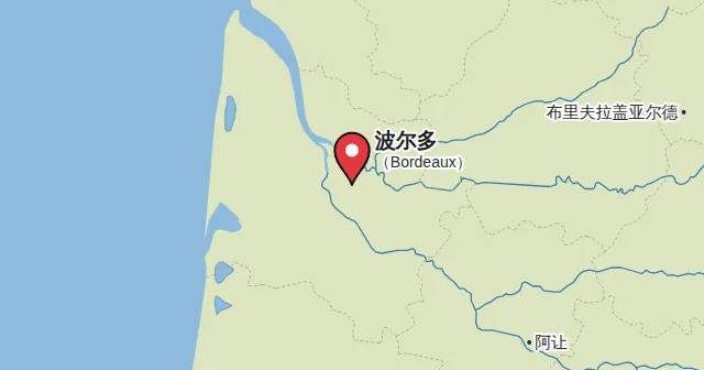 波尔多（Bordeaux）及周边地图，图钉标出波尔多的位置。图钉颜色：红葡萄酒