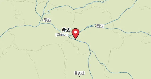 希农（Chinon）及周边地图，图钉标出希农的位置。图钉颜色：红葡萄酒